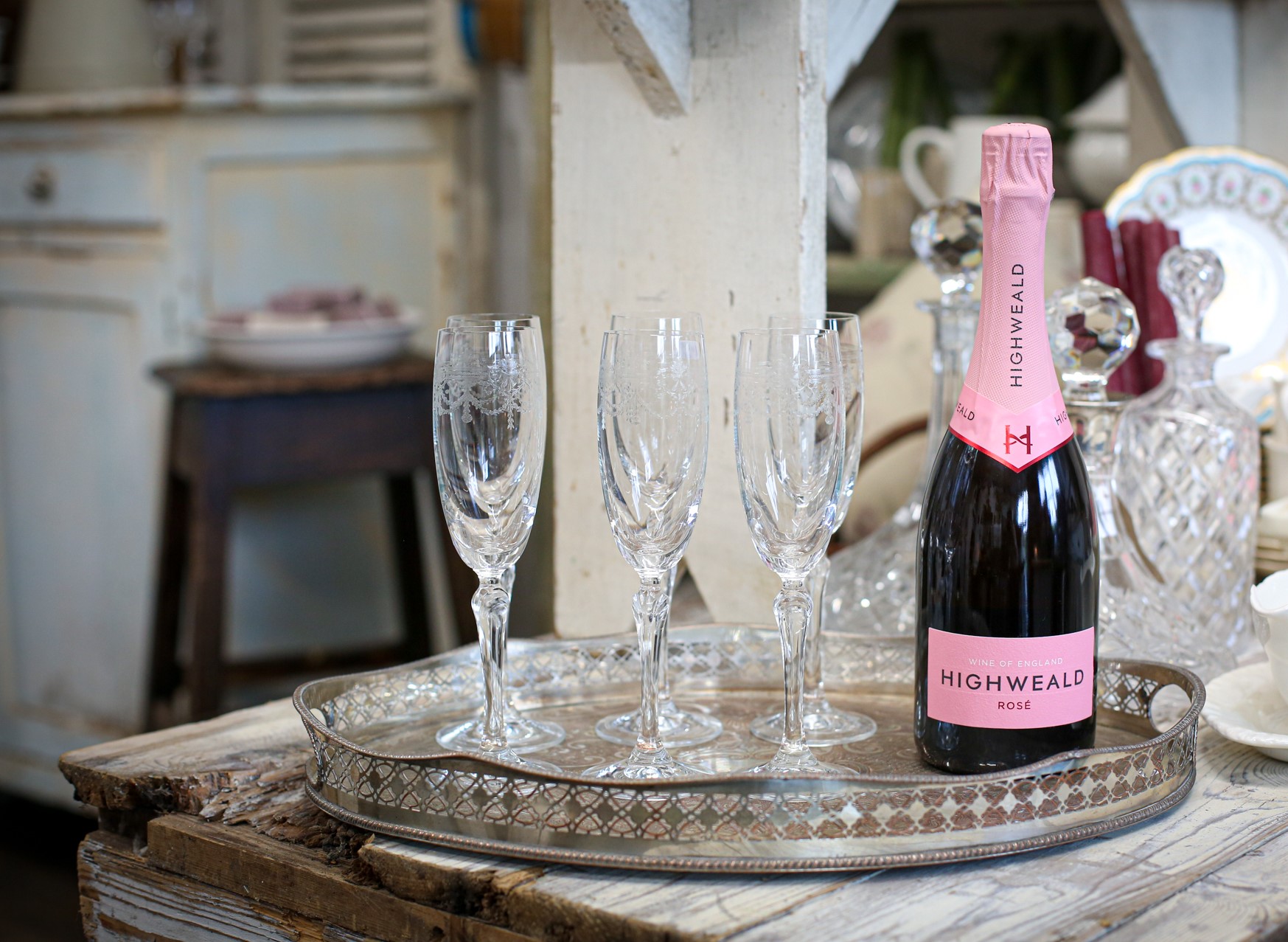 bottle of English sparkling rosé on tray